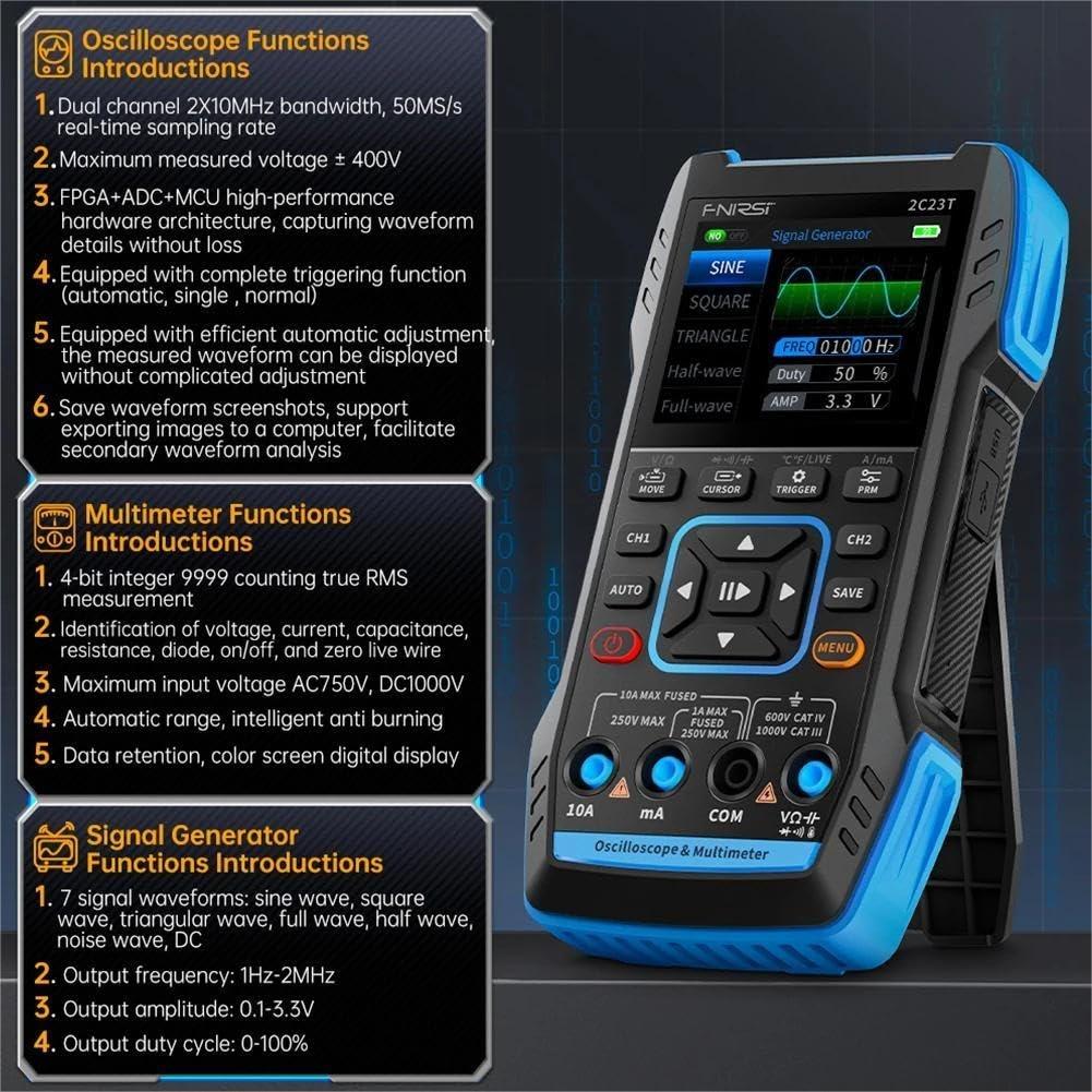 FNIRSI 2C53TH 3 i 1 oscilloskop, multimeter og signalgenerator 2,8" LCD-skærm for perfekt billedkvalitet
