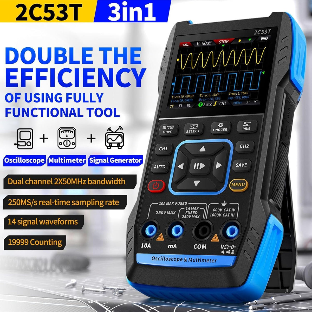 FNIRSI 2C53TH 3 i 1 oscilloskop, multimeter og signalgenerator 2,8" LCD-skærm for perfekt billedkvalitet