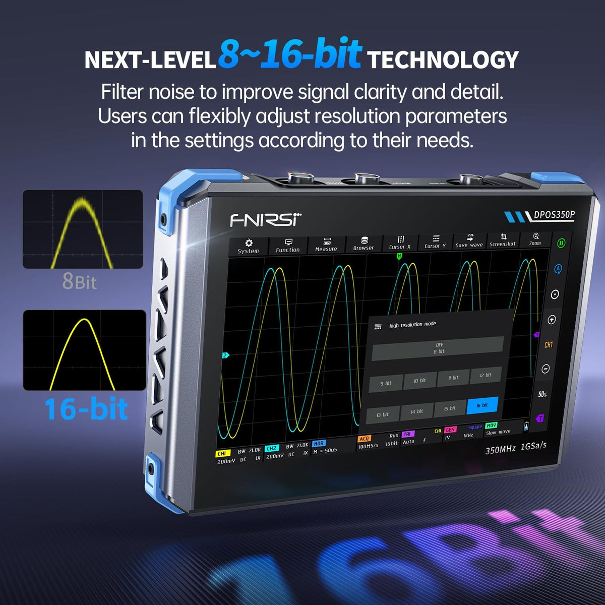 FNIRSI DPOS350P 4-i-1 Tablet Oscilloskop 350MHz, Spektrumanalysator 200KHz - 350MHz, Frekvensresponsanalysator DDS-generator, 2CH