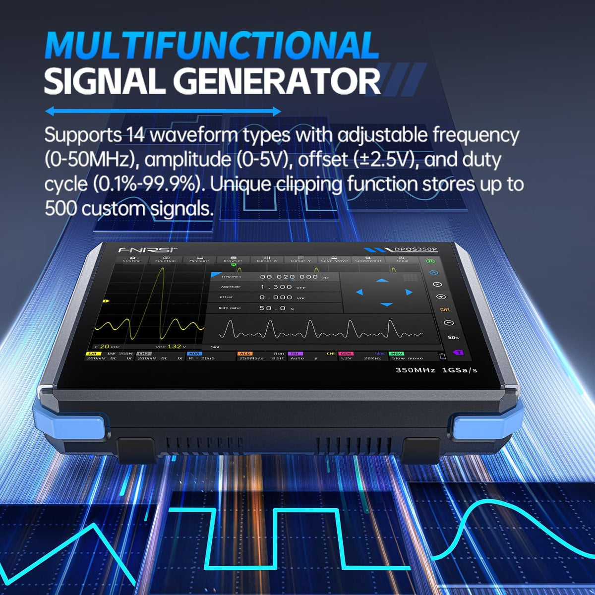 FNIRSI DPOS350P 4-i-1 Tablet Oscilloskop 350MHz, Spektrumanalysator 200KHz - 350MHz, Frekvensresponsanalysator DDS-generator, 2CH