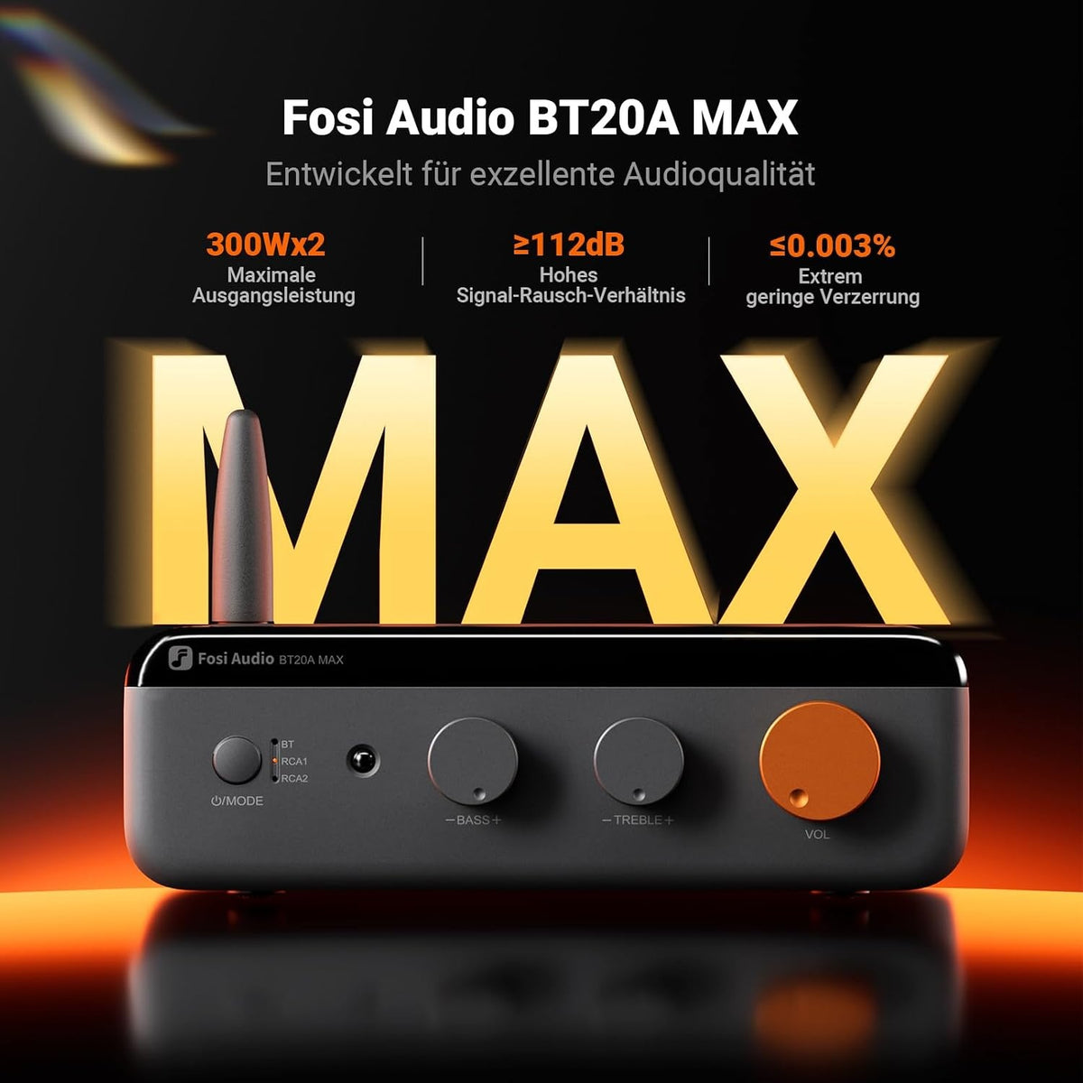 Fosi Audio BT20A MAX stereoforstærker, 300W x 2 Hi-Fi-lydforstærker med PFFB-teknologi, LDAC Bluetooth 6.0 + 2xRCA