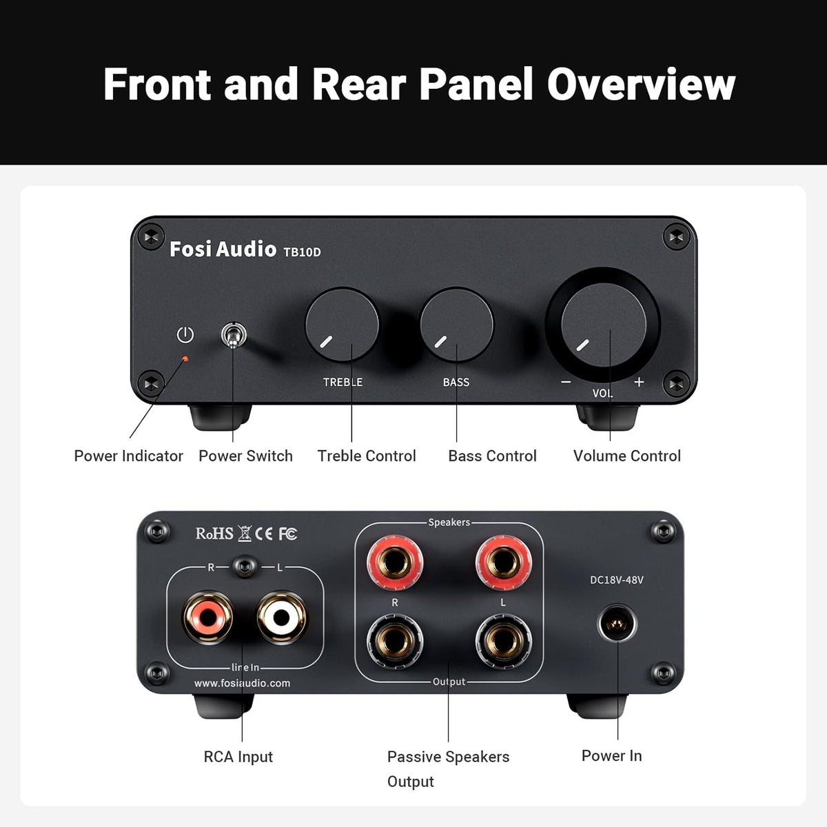 Fosi Audio TB10D Klasse D Mini-effektforstærker 600W 2-kanals stereoforstærker til passive højttalere/bass shaker, TPA3255 med bas- og diskantkontrol