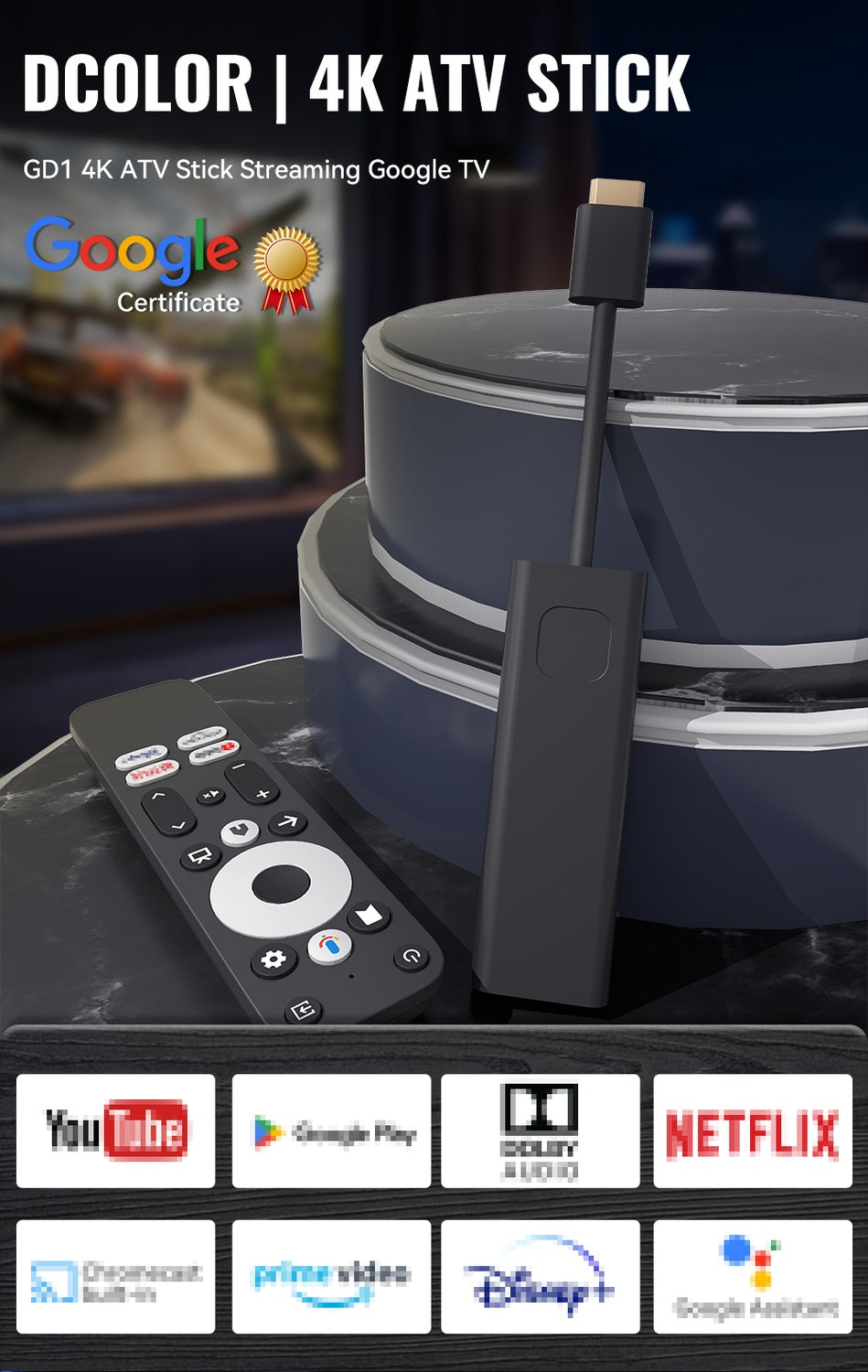 Google Certificeret TV-stick 4K HDR Android TV 14 WiFi Play Store understøttelse for Netflix, YouTube, Disney+