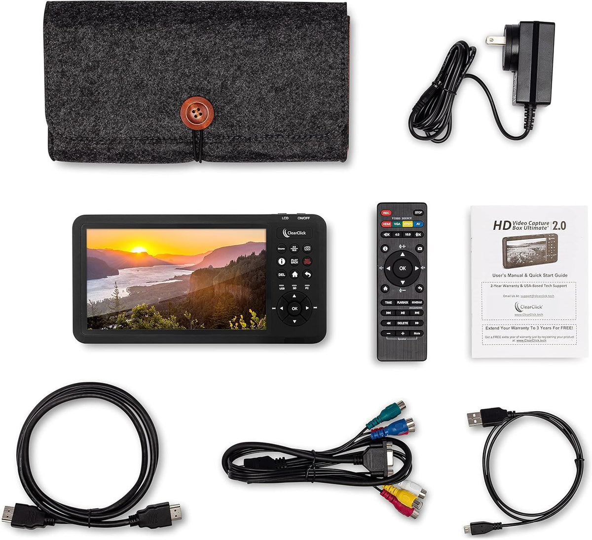 HD-videoinspilningsboks, video fra HDMI, RCA, VHS, VCR, DVD, videokamera, Hi8, 7" skærm