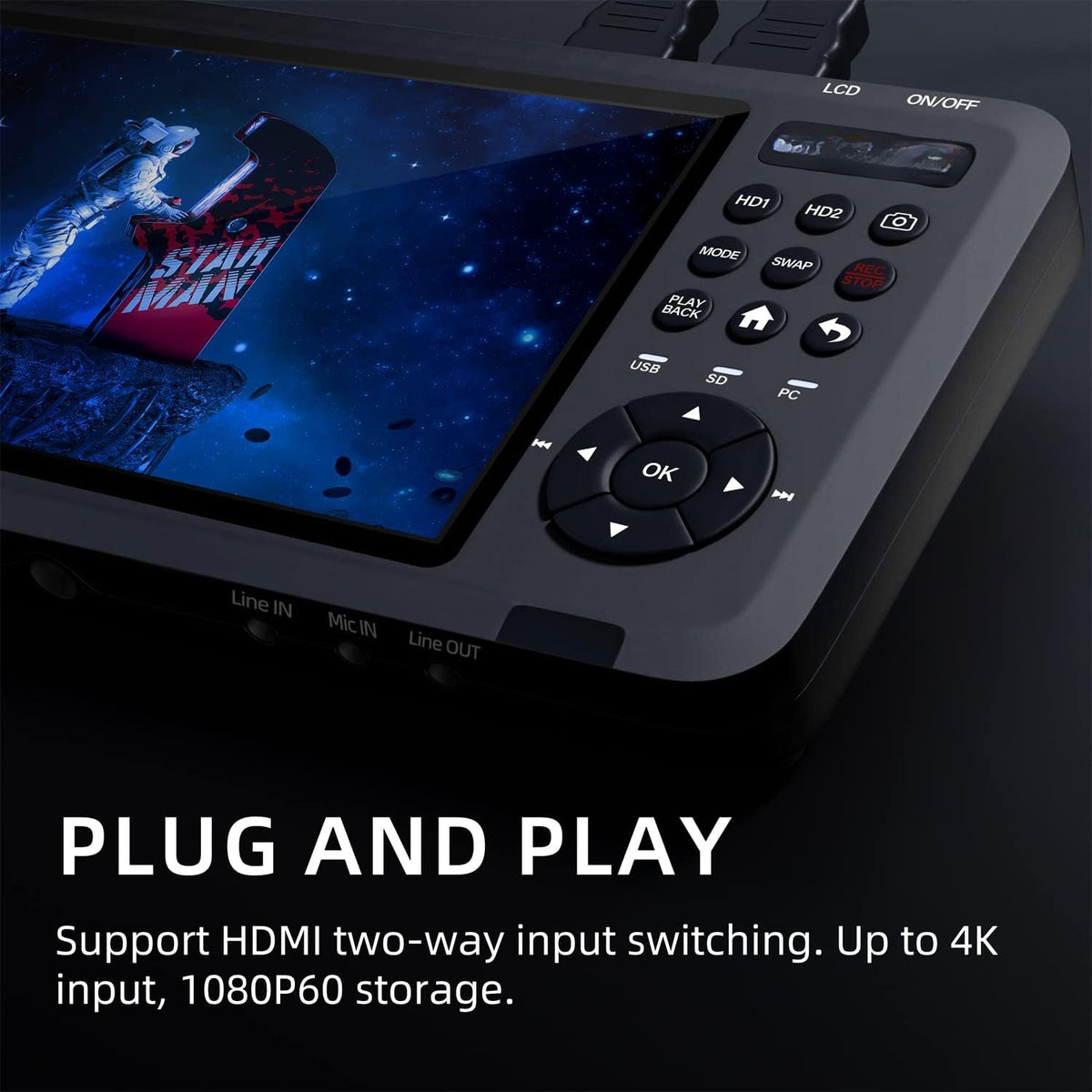 HD-videoinspilningsboks, video fra HDMI, RCA, VHS, VCR, DVD, videokamera, Hi8, 7" skærm