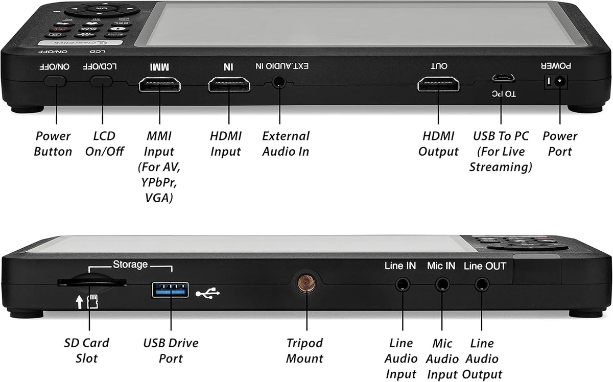 HD-videoinspilningsboks, video fra HDMI, RCA, VHS, VCR, DVD, videokamera, Hi8, 7" skærm