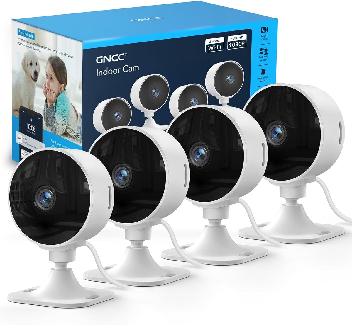 GNCC 1080p Overvågningskamera til indendørs brug, 4-pak, 2,4G WiFi