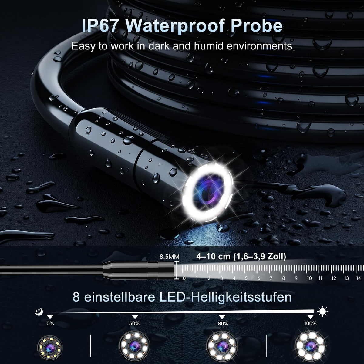 NÖRDIC 5m Endoskopkamera, 4,3" IPS-digital skærm, 1080P HD-kamera med 8 LED-lys, IP67 vandtæt inspektionskamera