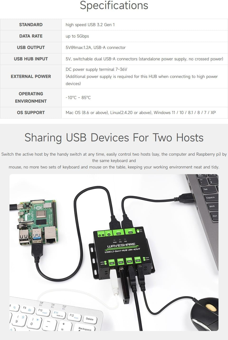 Industriel USB HUB til 2 computere til 4 USB 3.2-porte, skiftbar, monterbar, kompatibel med Windows Linux Mac