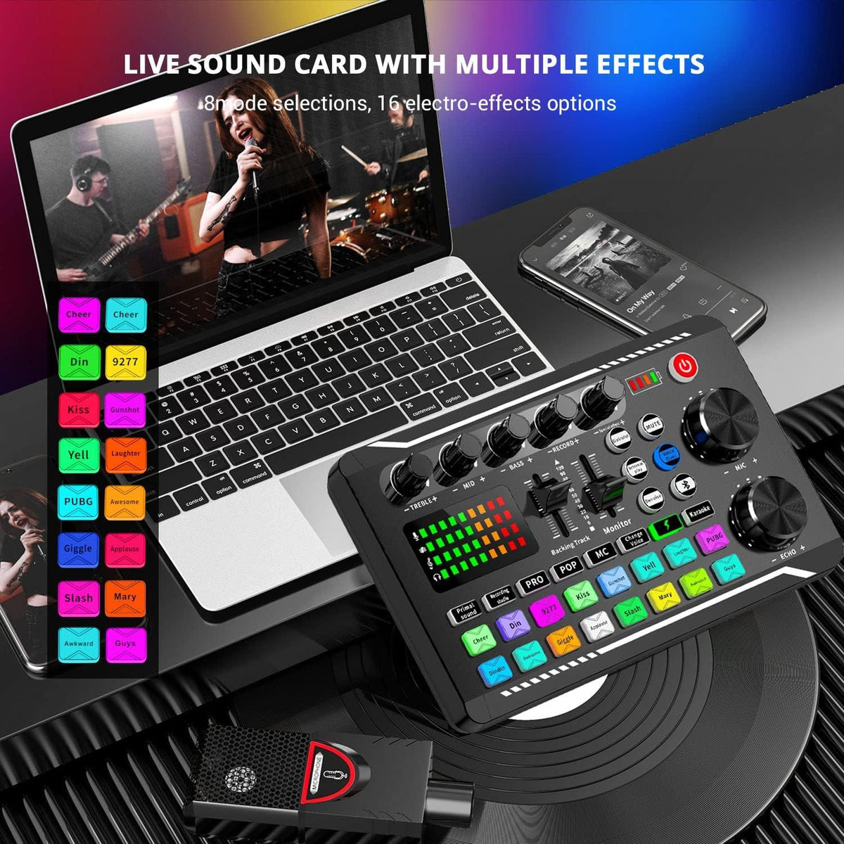 Live Sound Card lydmixer, podcast-lydinterface med DJ-mixereffekter til PS4, PS5, karaoke, TikTok, YouTube, livestreaming, optagelse og gaming
