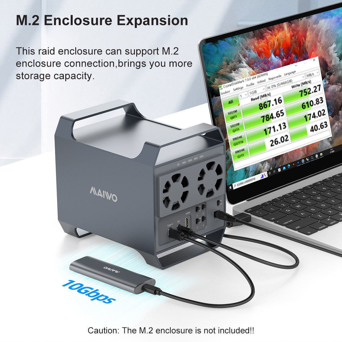 Maiwo K35284A 4-bay DAS-design til 3,5” SATA HDD med 2 køleblæsere, USB‑C & 10 Gbps hastighed, ingen RAID