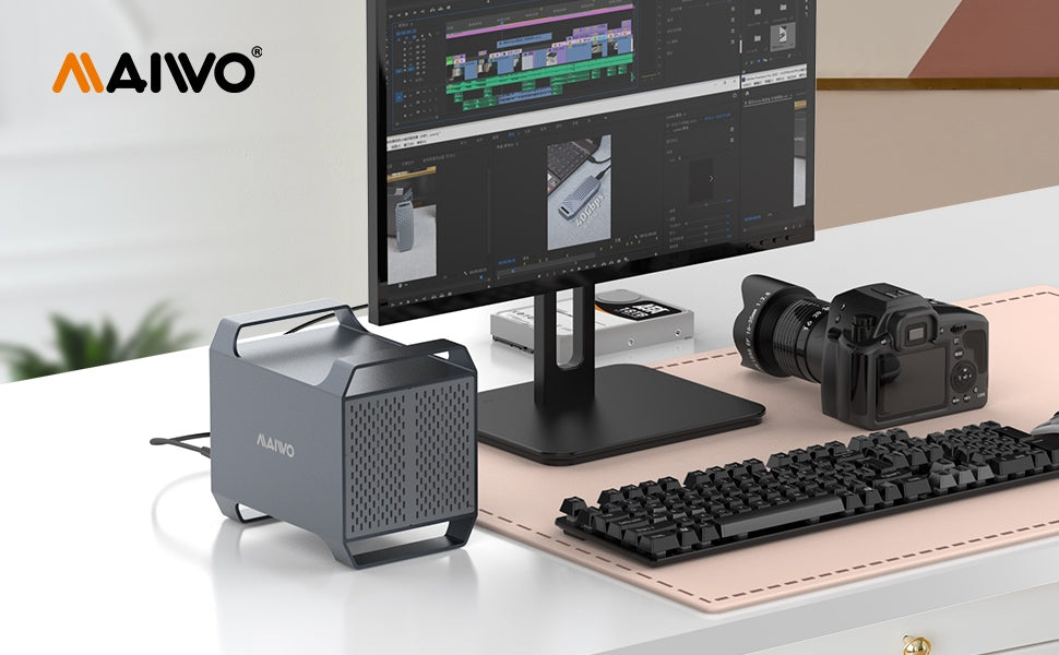 Maiwo K35284A 4-bay DAS-design til 3,5” SATA HDD med 2 køleblæsere, USB‑C & 10 Gbps hastighed, ingen RAID