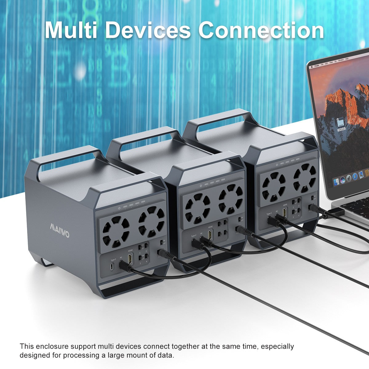 Maiwo K35284A 4-bay DAS-design til 3,5” SATA HDD med 2 køleblæsere, USB‑C & 10 Gbps hastighed, ingen RAID