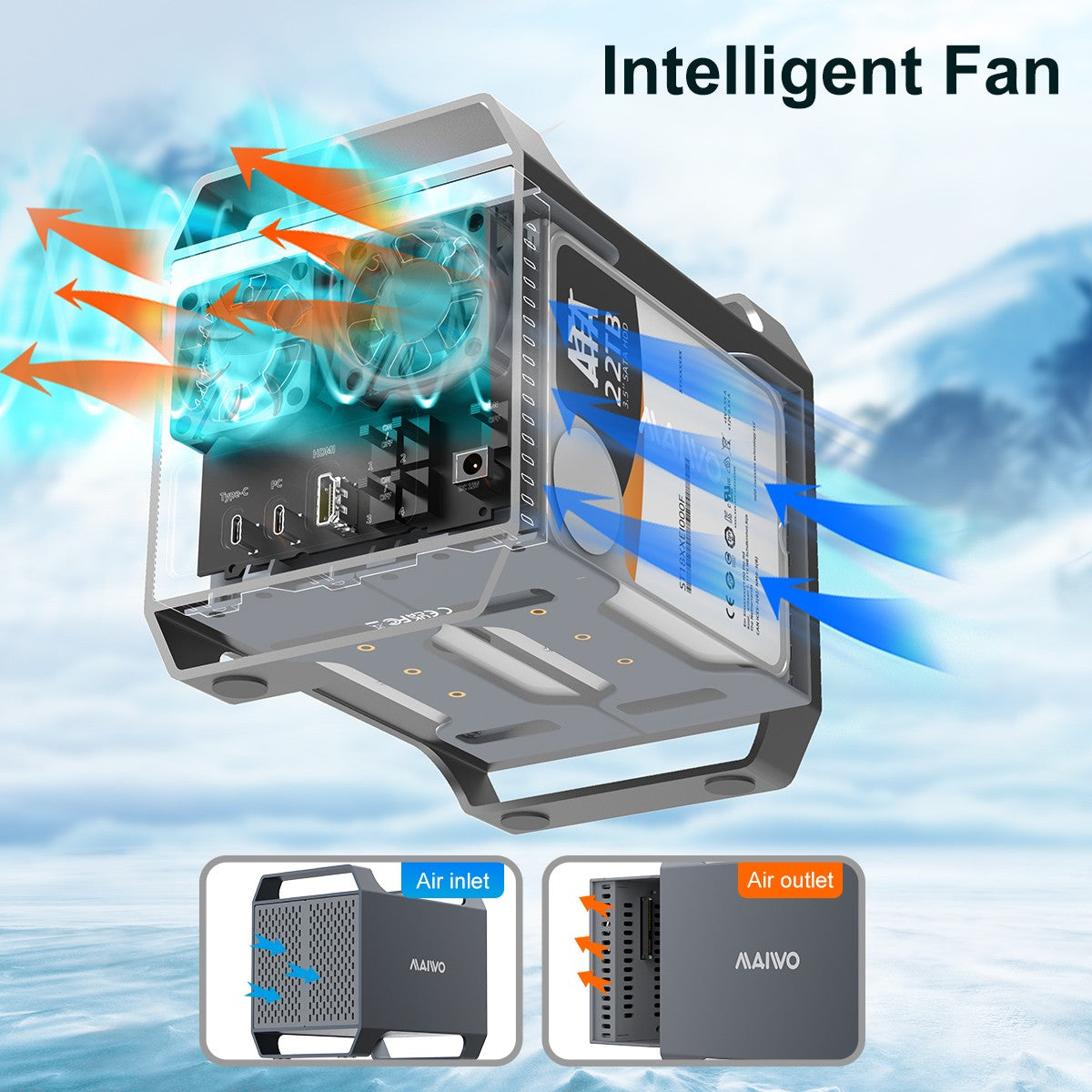 Maiwo K35284A 4-bay DAS-design til 3,5” SATA HDD med 2 køleblæsere, USB‑C & 10 Gbps hastighed, ingen RAID