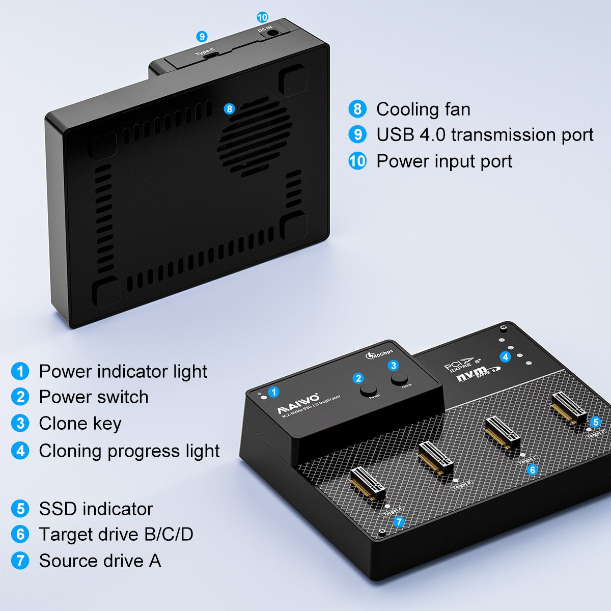 Maiwo K3015P4 4-bay M.2 NVMe SSD USB4.0 Dock, Kloner/Duplicator, Understøtter 1-til-3 Offline-kloning & Software RAID, 40Gbps kompatibel med Thunderbolt 4/3