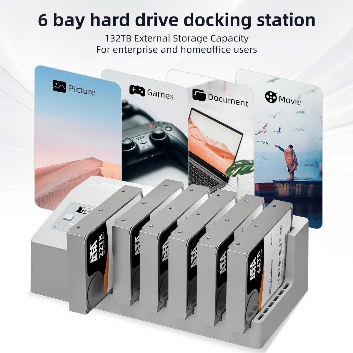 Maiwo K3096C 6x HDD klonings- og dockingstation, 2,5"/3,5" SATA HDD, USB-C 3.0 5Gbps