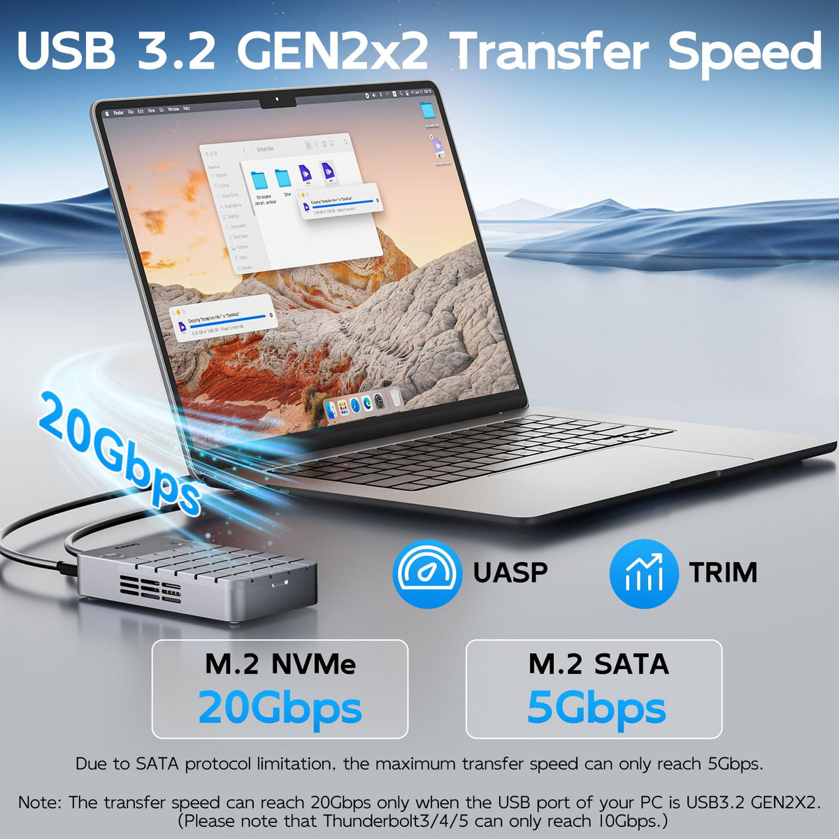 Maiwo K2042P3 Dual Bay RAID-kabinet til M.2 NVMe/SATA SSD med kloning, RAID 0 og RAID 1, USB-C 3.2 Gen2x2 20Gbps