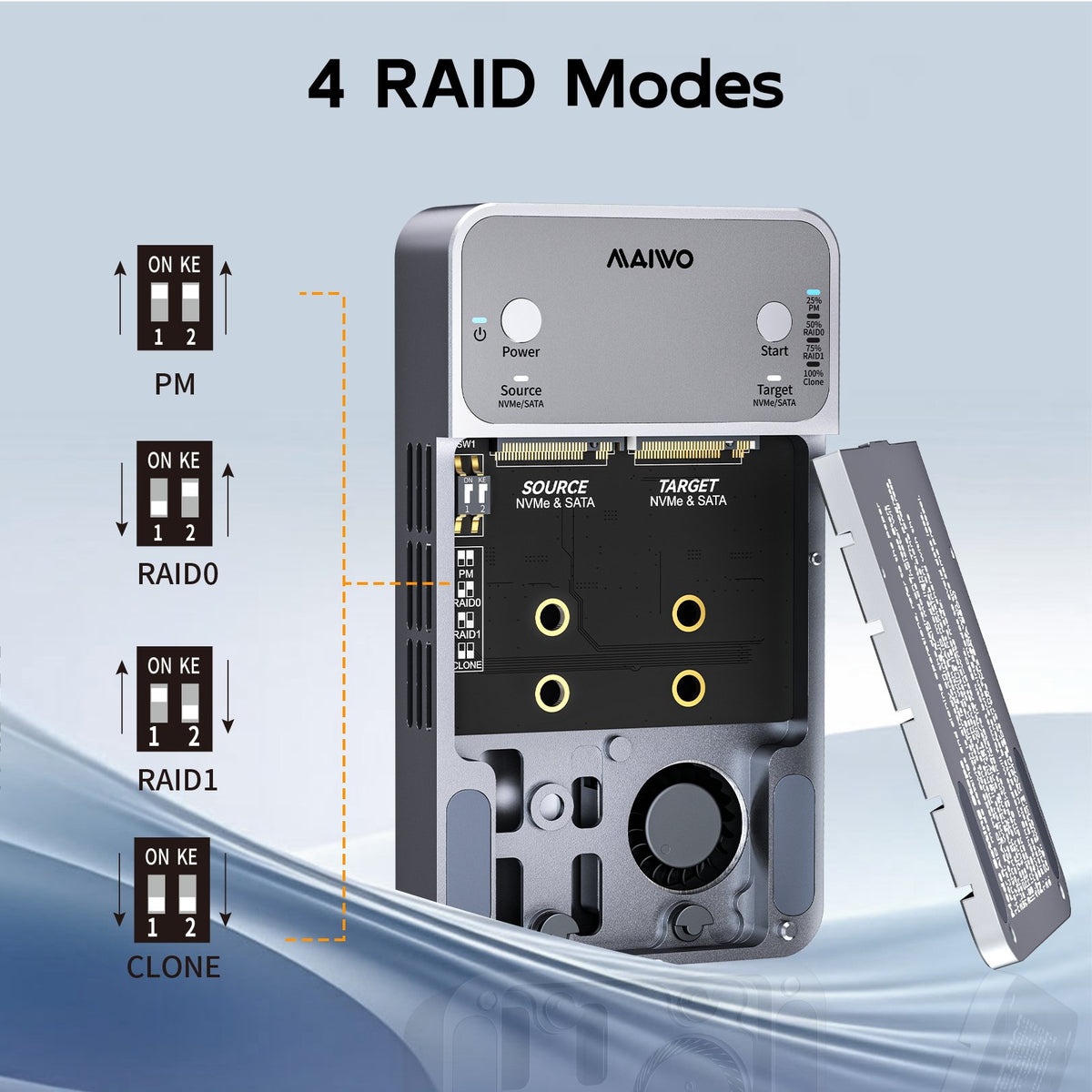 Maiwo K2042P3 Dual Bay RAID-kabinet til M.2 NVMe/SATA SSD med kloning, RAID 0 og RAID 1, USB-C 3.2 Gen2x2 20Gbps