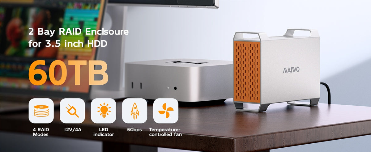 Maiwo K35282CG1 2-bay SATA RAID kabinet til 3,5" HDD, lynhurtig 5Gbps, RAID 1/0/JBOD, 2x30TB