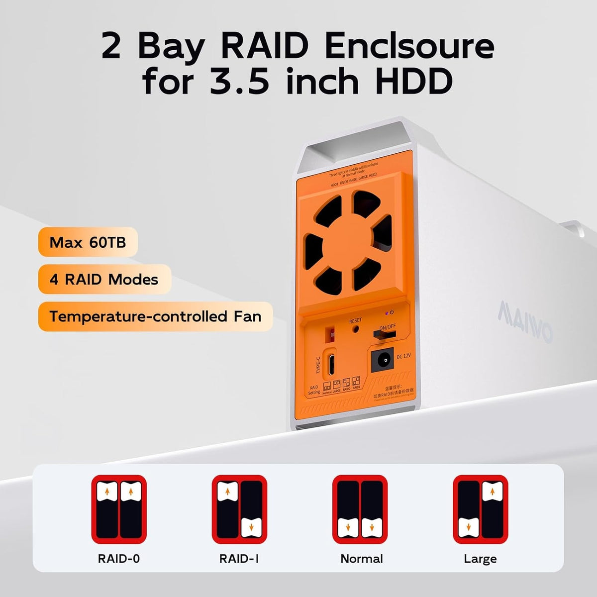 Maiwo K35282CG1 2-bay SATA RAID kabinet til 3,5" HDD, lynhurtig 5Gbps, RAID 1/0/JBOD, 2x30TB