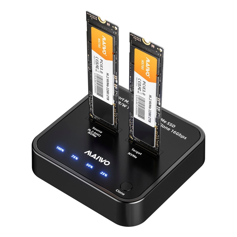 Maiwo K3016AN NVMe-kloner M.2-duplicator til PCIe NVMe M-Key SSD, 16Gbps kloningshastighed, adgang til to SSD'er samtidigt