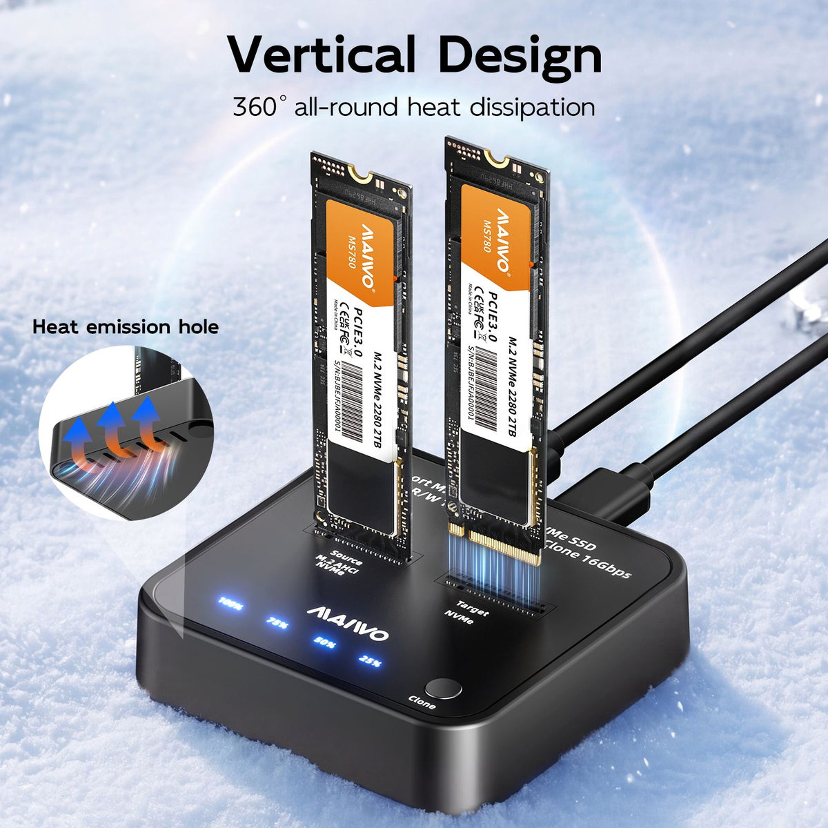 Maiwo K3016AN NVMe-kloner M.2-duplicator til PCIe NVMe M-Key SSD, 16Gbps kloningshastighed, adgang til to SSD'er samtidigt