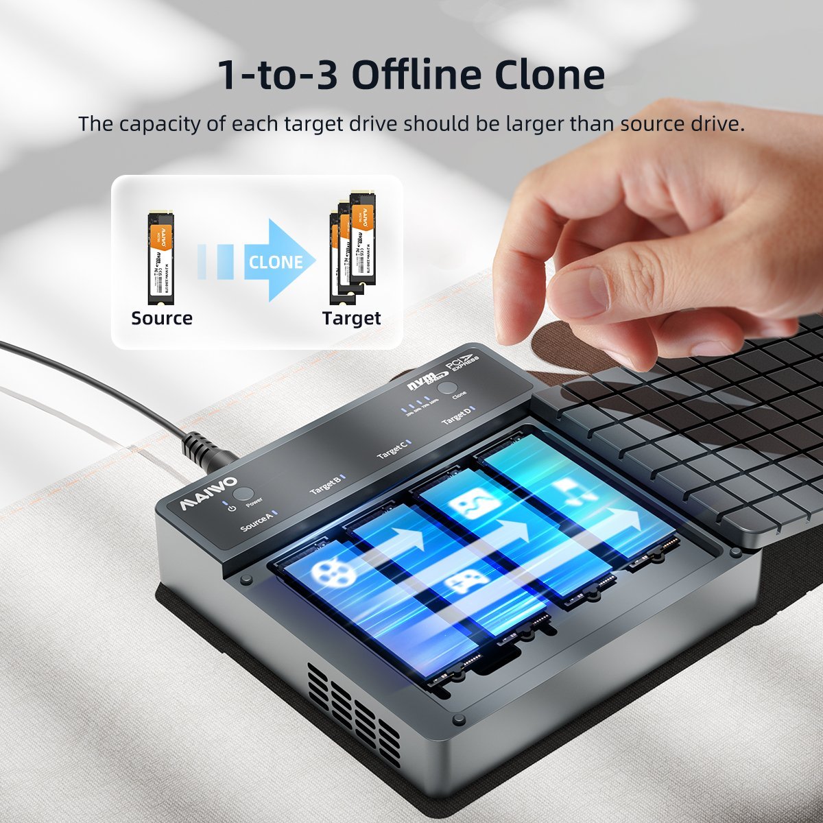 Maiwo K2024P 4-slot M.2 NVMe SSD dockingstation med kloningsfunktion, USB 4.0 Type-C 40Gbps