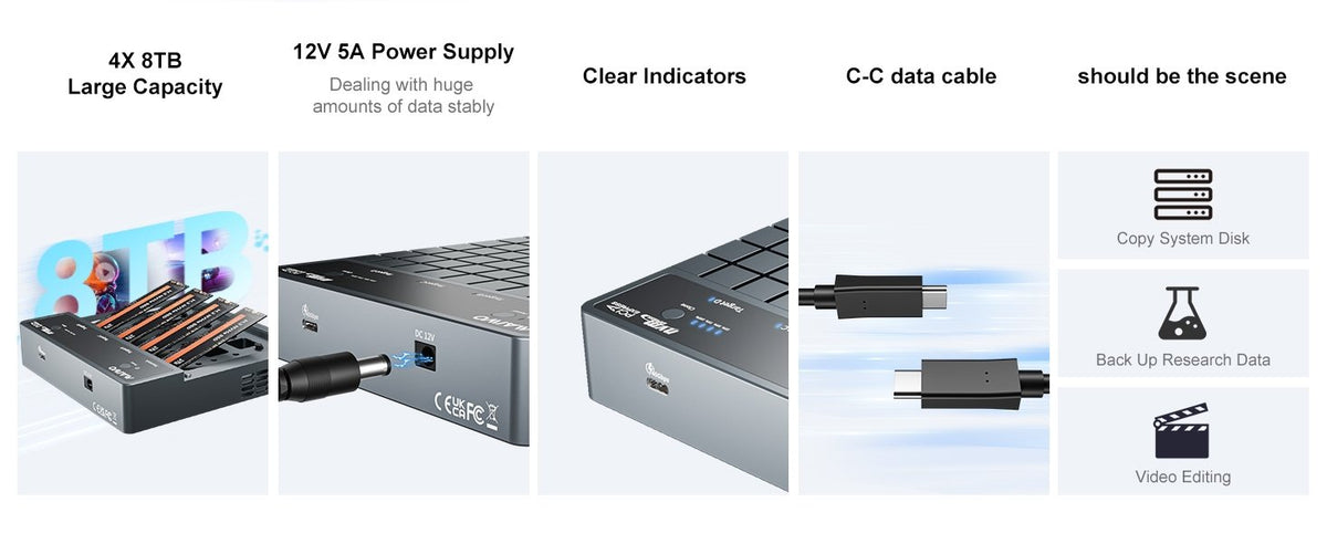 Maiwo K2024P 4-slot M.2 NVMe SSD dockingstation med kloningsfunktion, USB 4.0 Type-C 40Gbps