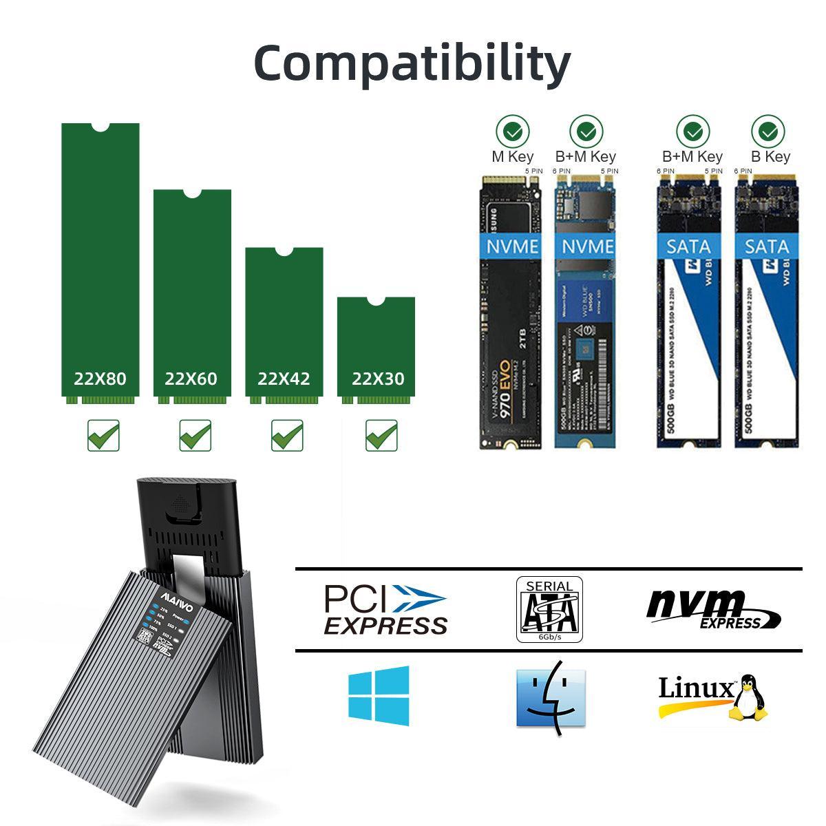 Maiwo K2022CL Ekstern HDD-klonkabinet M.2 SATA og NVMe SSD USB3.2 10 Gbps 1:1 HDD-klon