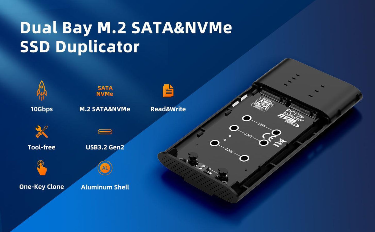 Maiwo K2022CL Ekstern HDD-klonkabinet M.2 SATA og NVMe SSD USB3.2 10 Gbps 1:1 HDD-klon