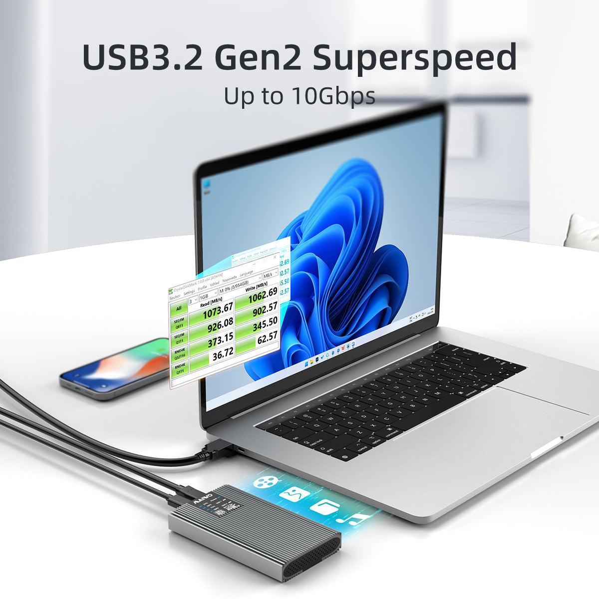 Maiwo K2022CL Ekstern HDD-klonkabinet M.2 SATA og NVMe SSD USB3.2 10 Gbps 1:1 HDD-klon