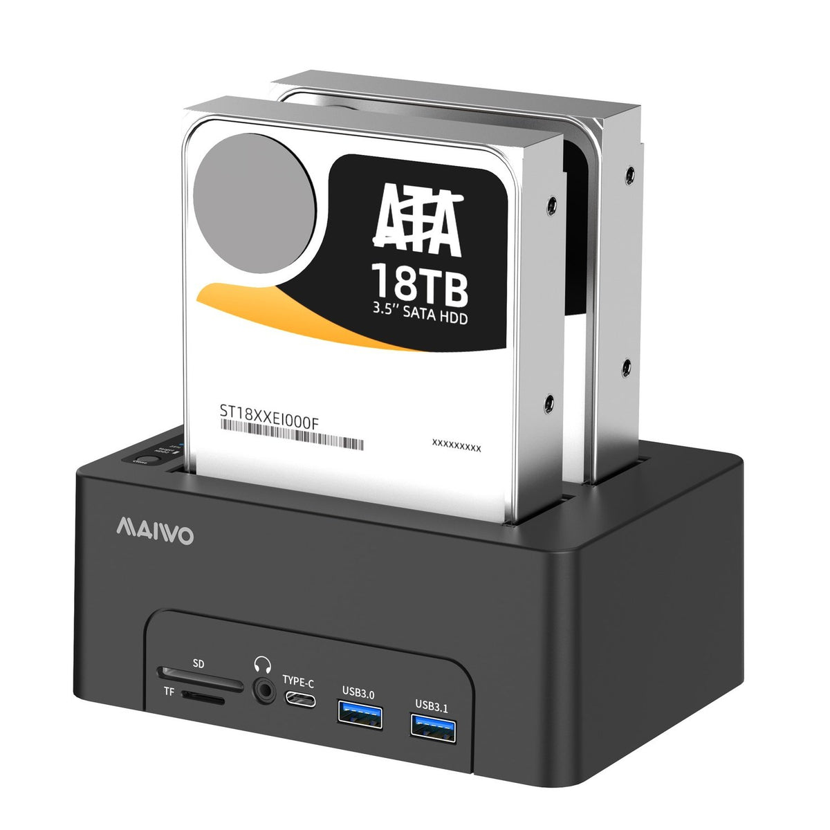 Maiwo K3082P HDD USB-C Dual dockingstation med klon 10Gbps HDMI 4K60Hz Giga Lan kortlæser SD og MicroSD USB HUB 2xUSB-A og 2xUSB-C