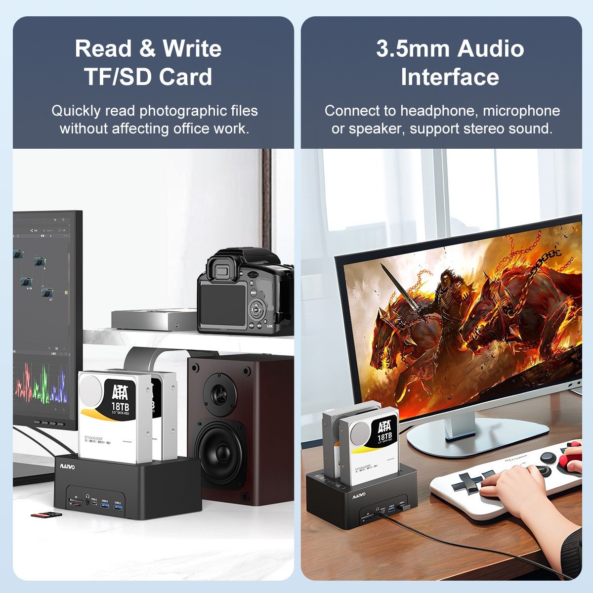Maiwo K3082P HDD USB-C Dual dockingstation med klon 10Gbps HDMI 4K60Hz Giga Lan kortlæser SD og MicroSD USB HUB 2xUSB-A og 2xUSB-C