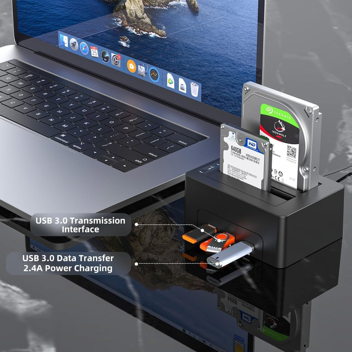 Maiwo K3082H USB 3.1 GEN1 5Gbps dockingstation 2st 2,5-3,5 SATA-harddisk SSD 2x16TB med understøttelse af UASP 3xUSB3.1 hub