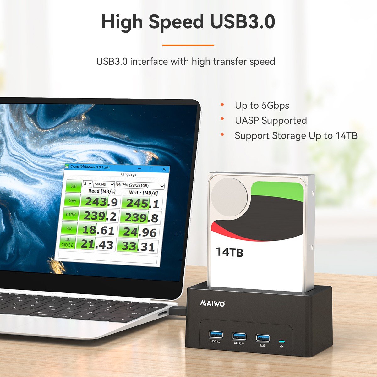 Maiwo K308H USB 3.1 GEN1 5Gbps Docking 1st 2,5-3,5 SATA-harddisk SSD op til 14TB med understøttelse af UASP 3xUSB3.1 hub