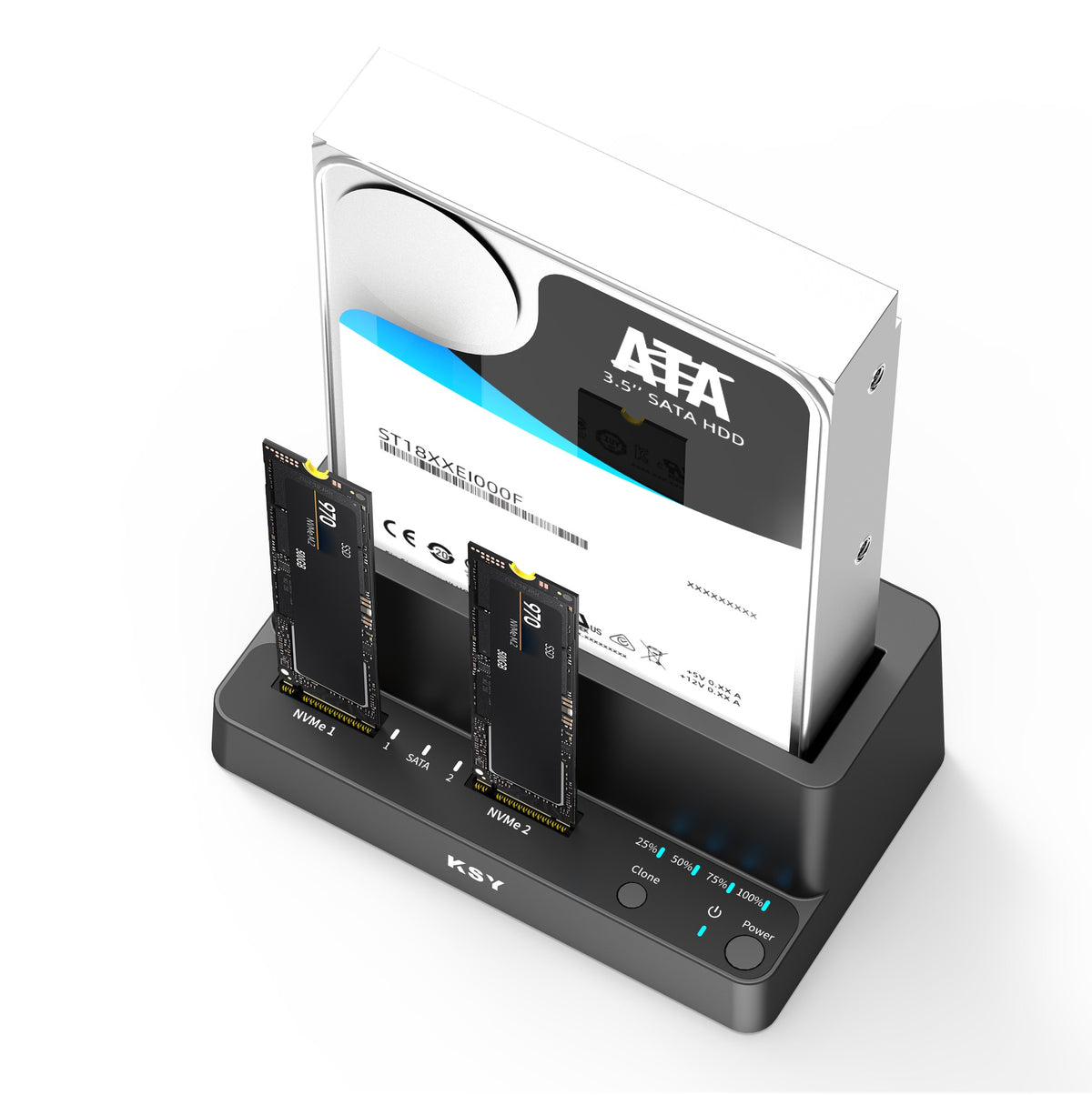 Maiwo K309CL Triple Bay HDD Clone-kabinet til 2× SSD NVMe M.2 og 1× SATA HDD