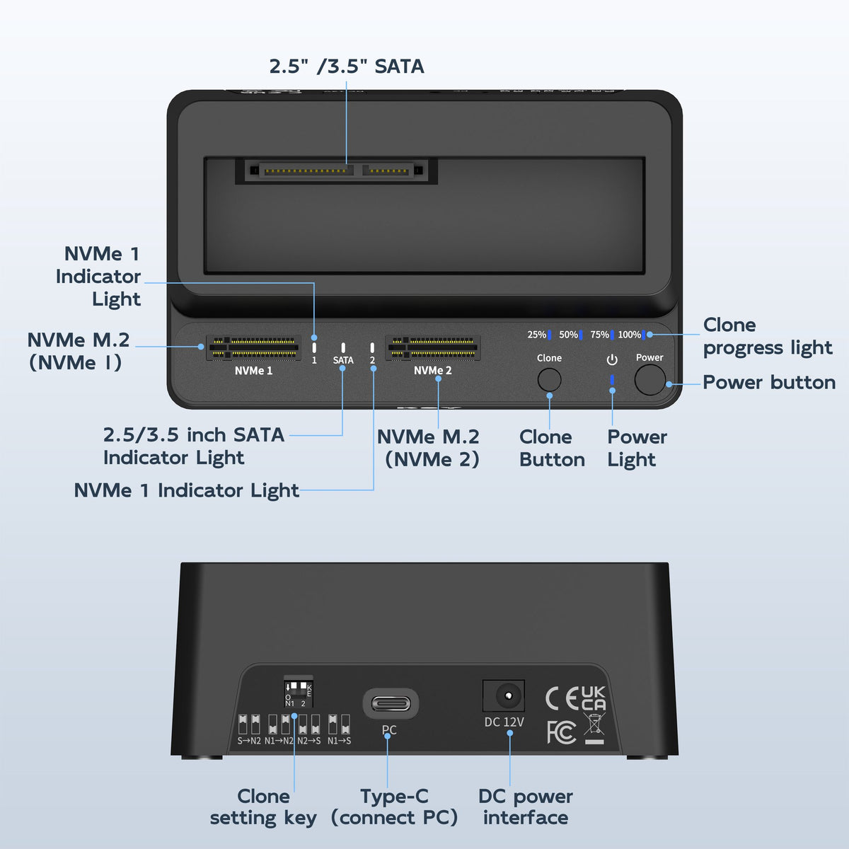 Maiwo K309CL Triple Bay HDD Clone-kabinet til 2× SSD NVMe M.2 og 1× SATA HDD