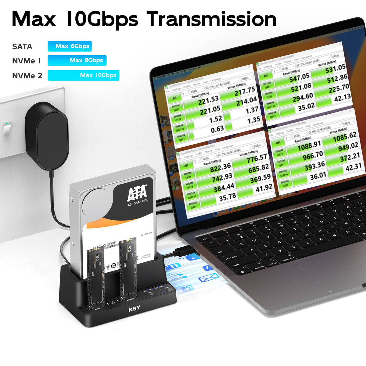 Maiwo K309CL Triple Bay HDD Clone-kabinet til 2× SSD NVMe M.2 og 1× SATA HDD