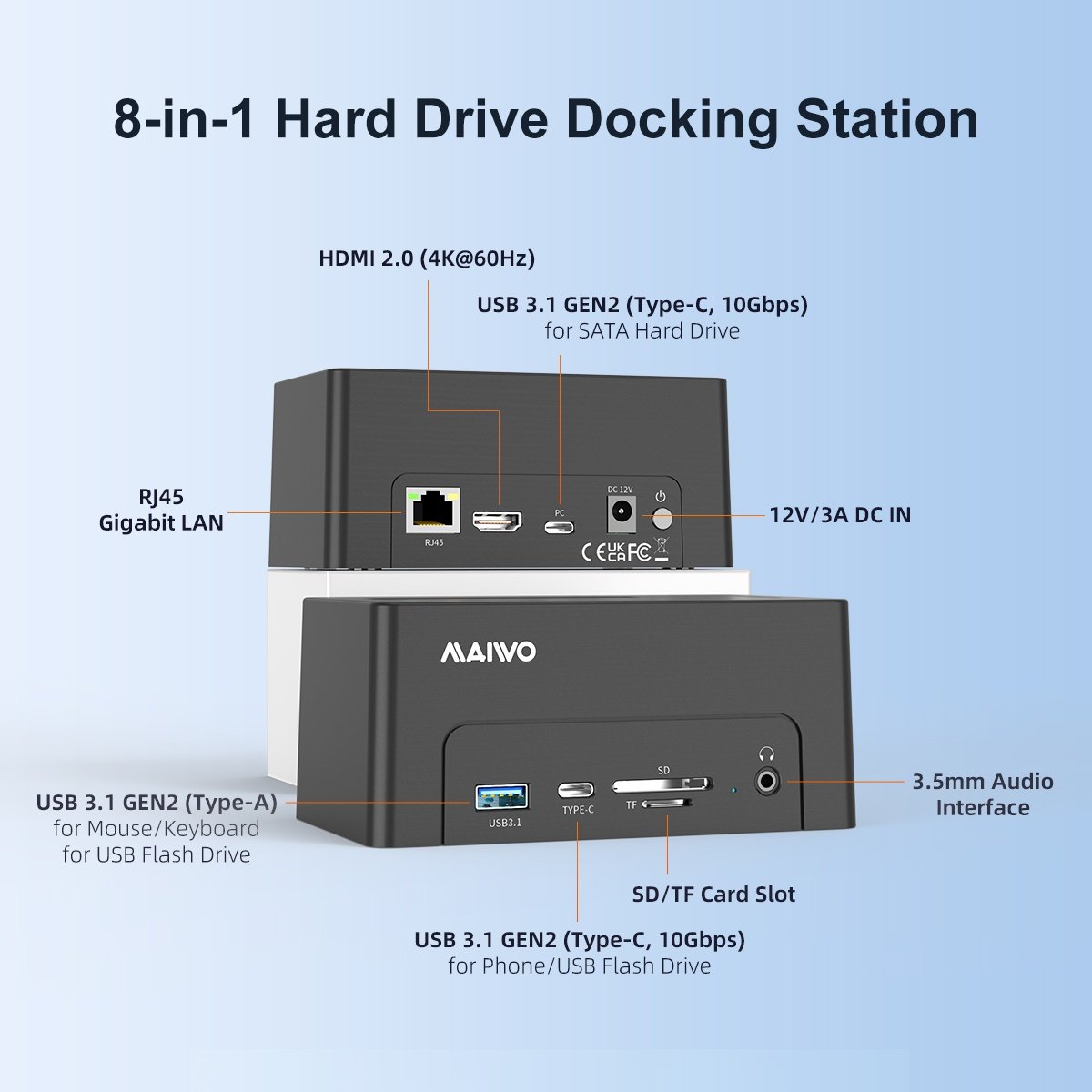 Maiwo K308P USB-C dockingstation 2,5"/3,5" 1x SATA HDD SSD & SD/TF hukommelseskort, HDMI2.0 4K60Hz RJ45 GigaLan USB-A & USB-C 10Gbps
