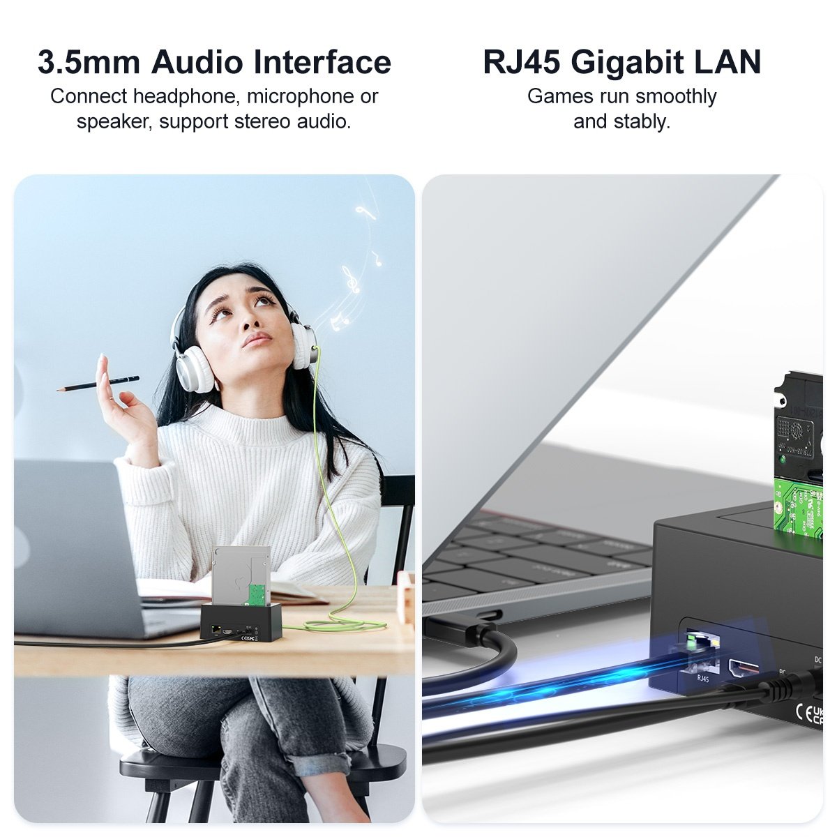 Maiwo K308P USB-C dockingstation 2,5"/3,5" 1x SATA HDD SSD & SD/TF hukommelseskort, HDMI2.0 4K60Hz RJ45 GigaLan USB-A & USB-C 10Gbps