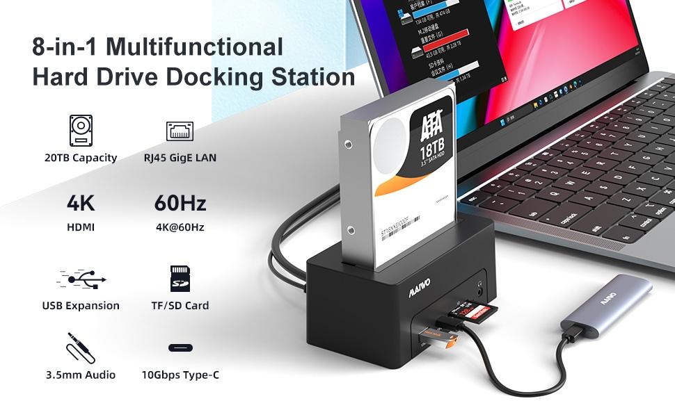 Maiwo K308P USB-C dockingstation 2,5"/3,5" 1x SATA HDD SSD & SD/TF hukommelseskort, HDMI2.0 4K60Hz RJ45 GigaLan USB-A & USB-C 10Gbps
