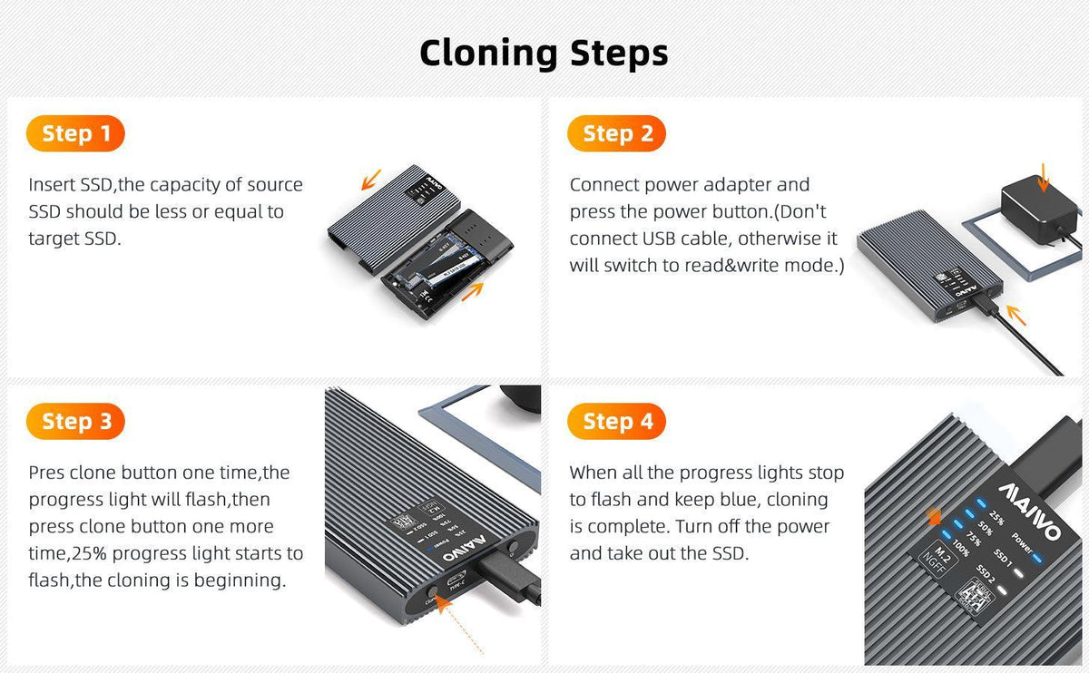 Maiwo K2022S eksternt kabinet til harddiskkloning M.2 SATA SSD USB3.2 5Gbps 1:1