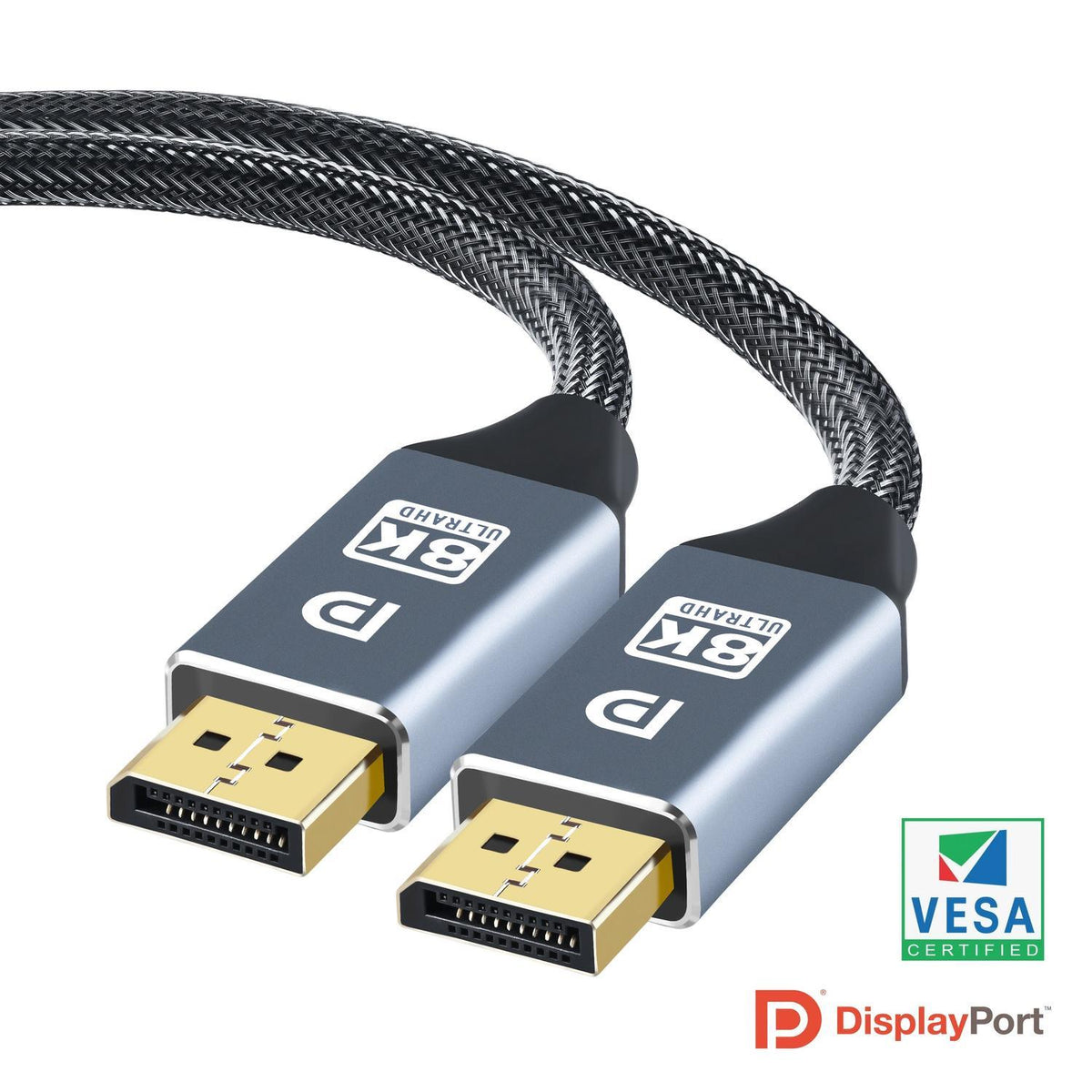 NORDIC CERTIFICEREDE KABLER 1m nylon flettet Displayportkabel 1,4 UHD 8K60Hz 4K144Hz HBR3 32,4Gbps 10-bit HDR