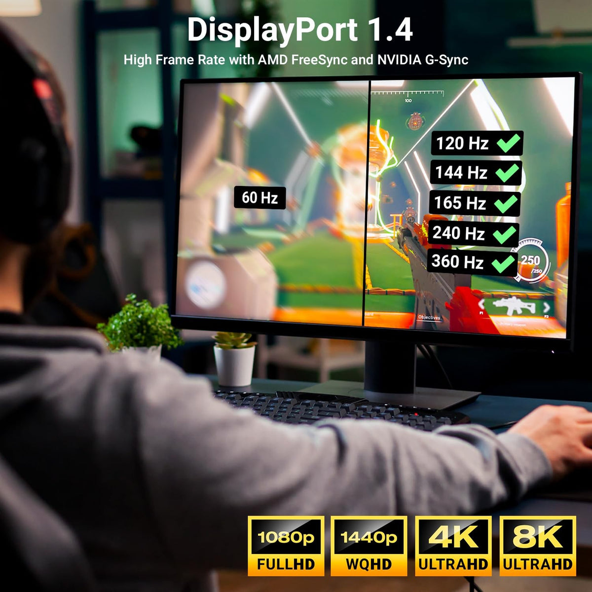 NORDIC CERTIFICEREDE KABLER 1m nylon flettet Displayportkabel 1,4 UHD 8K60Hz 4K144Hz HBR3 32,4Gbps 10-bit HDR