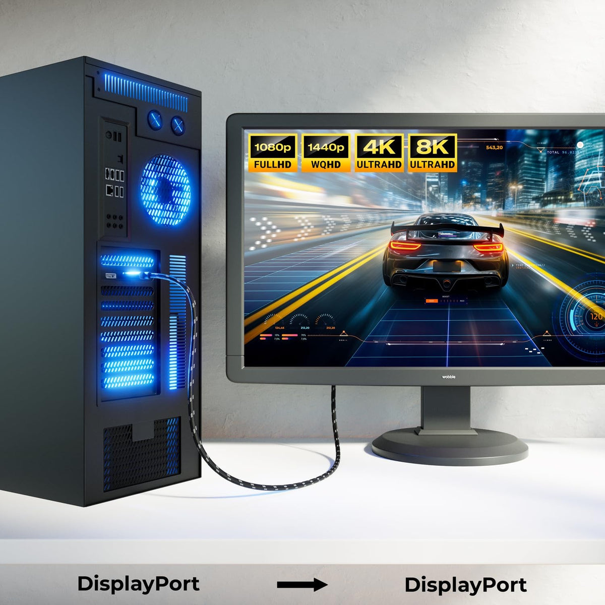 NORDIC CERTIFICEREDE KABLER 2m nylon flettet Displayportkabel 1,4 UHD 8K60Hz 4K144Hz HBR3 32,4Gbps 10-bit HDR