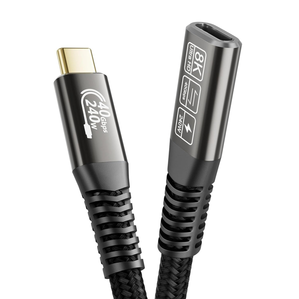 NÖRDIC 0,5m Thunderbolt 4 forlængerkabel, USB-C han til hun, 240W hurtig opladning, 40Gbps, 8K 60Hz