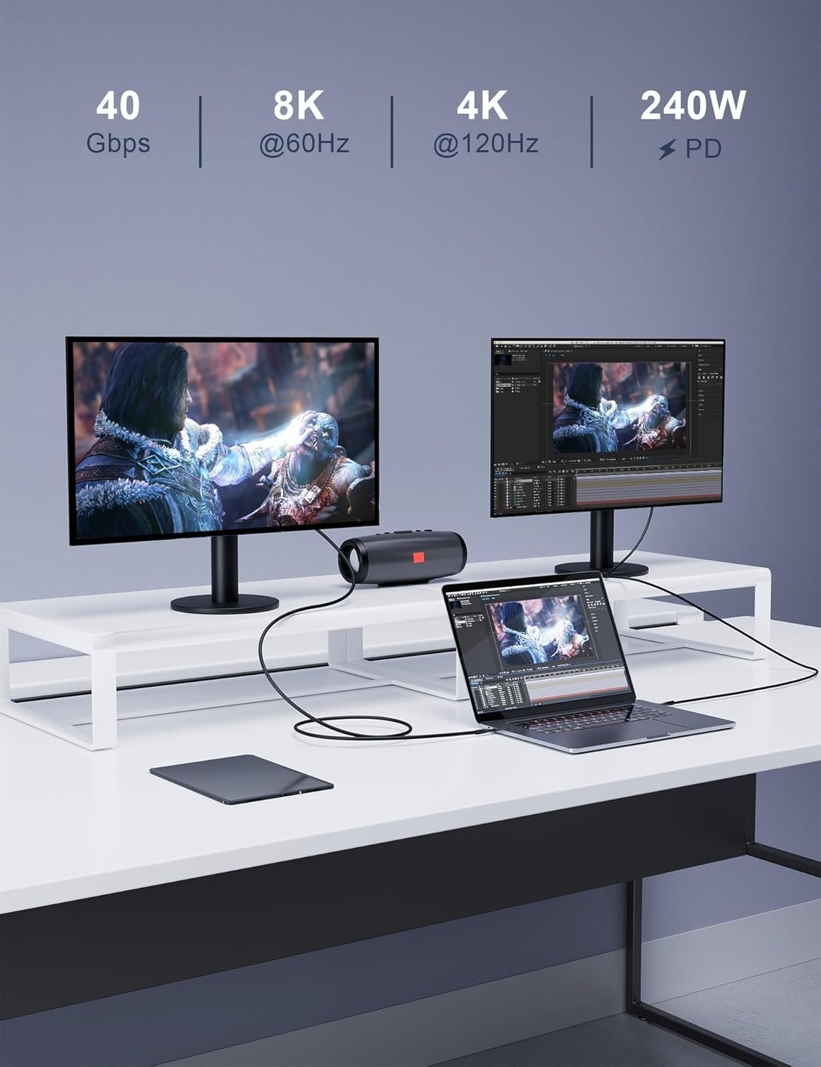 NÖRDIC 0,5m Thunderbolt 4 forlængerkabel, USB-C han til hun, 240W hurtig opladning, 40Gbps, 8K 60Hz
