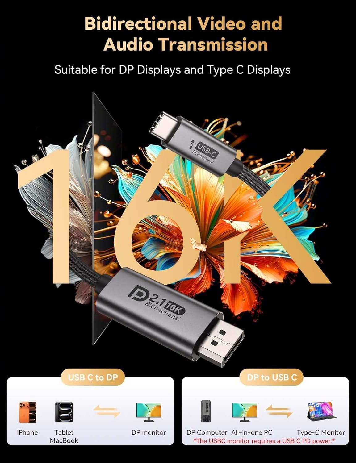 NÖRDIC 0,5m bidirektionel USB-C til DisplayPort 2.1 kabel 16K60Hz 8K240Hz/120Hz 4K240/165/144/60 HDR HDCP2.3