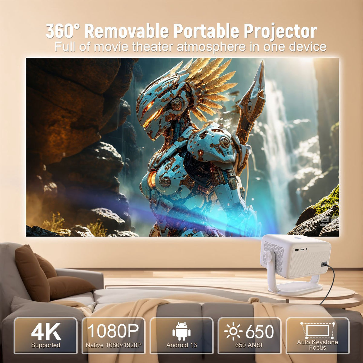 NÖRDIC 1080P Projektor Netflix-certificeret 320 ANSI lumen 2.4/5G WiFi 6 understøttelse til iOS/Android