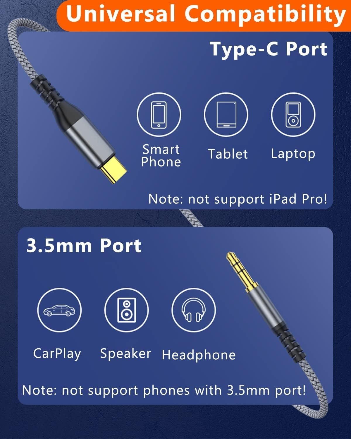 NÖRDIC 1,2 m USB-C til 3,5 mm hovedtelefon audio AUX kabel